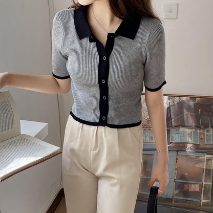 Vintage Short Sleeve Polo Neck Contrast Ice Silk Knit Sweater