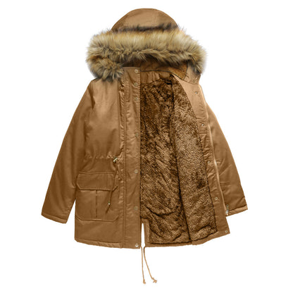 Women's Hooded Fur Collar Fleece-lined Warm Jacket