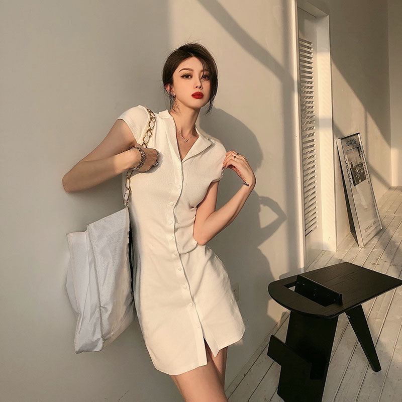 Polo Collar Knitted Dress Bag Hip Skirt