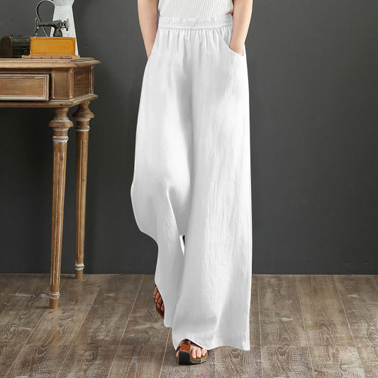 Pure Linen Korean Wide Leg Pants Women Loose Rope