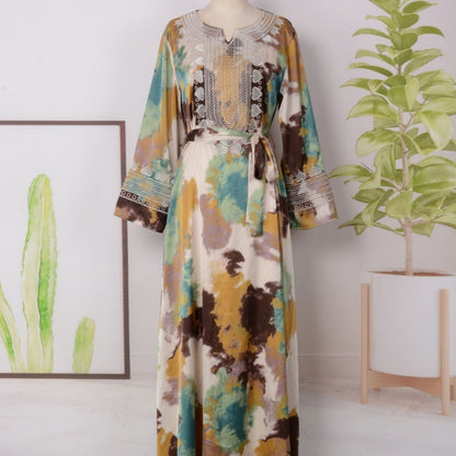 Women's Printed Embroidered Large Swing Muslim Dress