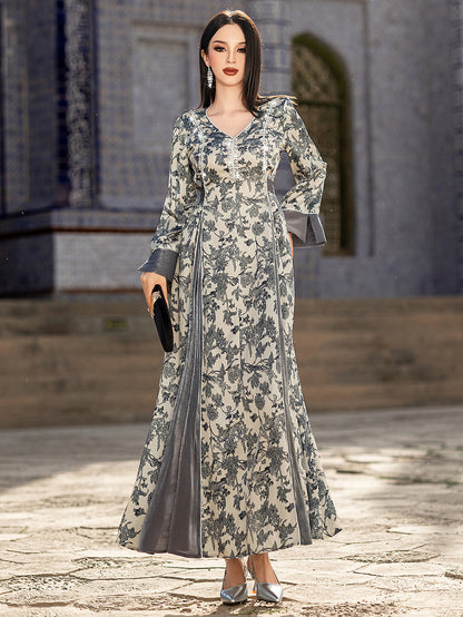 V-neck Satin Printed Muslim Dress