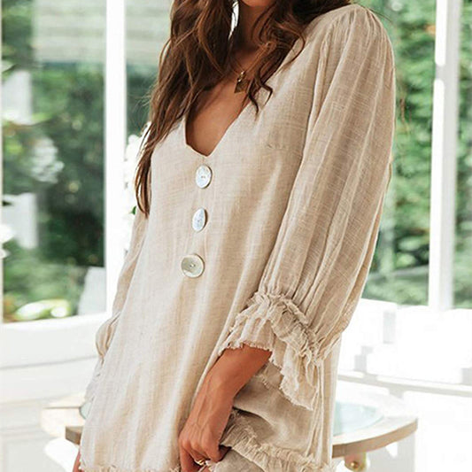 Women's Fashion Loose-fitting Long Sleeves Ruffled Hem Cotton Linen Dress