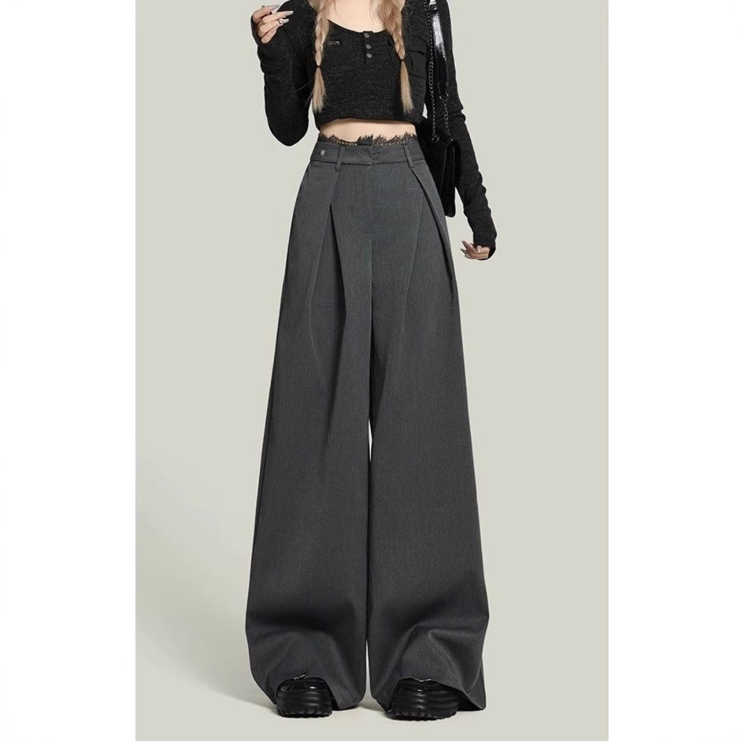 Black Lace Stitching Wide-leg Casual Pants Women