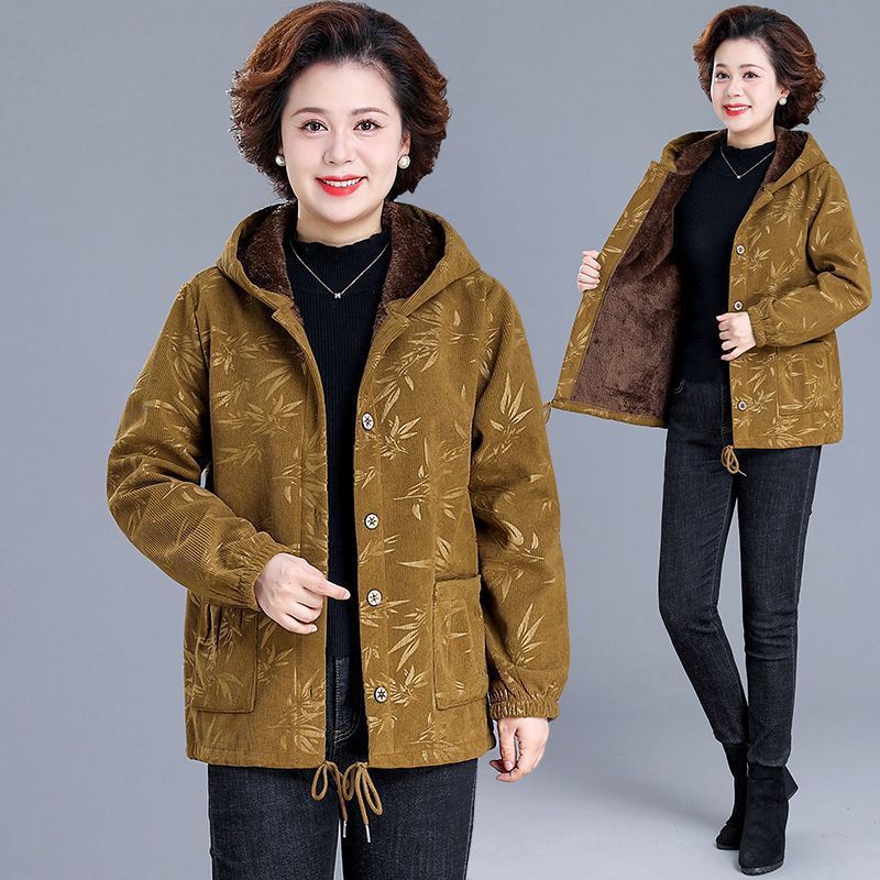 Fleece Lined Coat Hooded Short Middle-aged And Elderly Women's Wadded Jacket