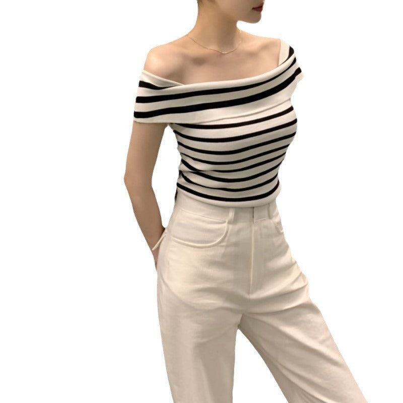 Striped Short-sleeved Sweater Top For Women