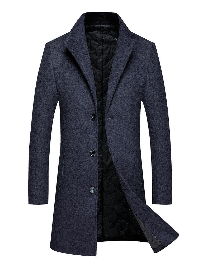 Mid-length Single-breasted Stand-up Collar Woolen Cloth