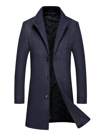 Mid-length Single-breasted Stand-up Collar Woolen Cloth