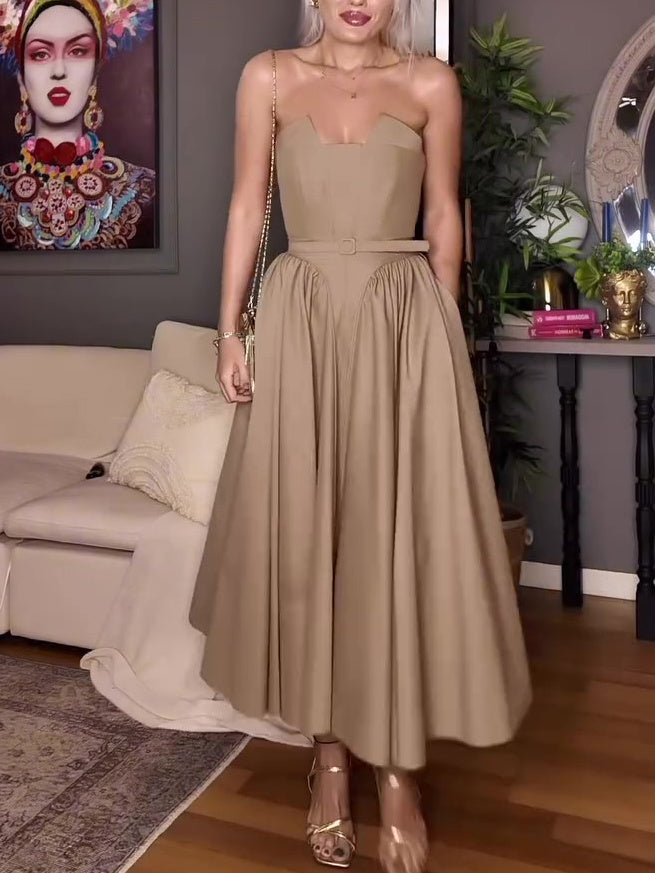 Khaki Tube Top Patchwork Swing Dress