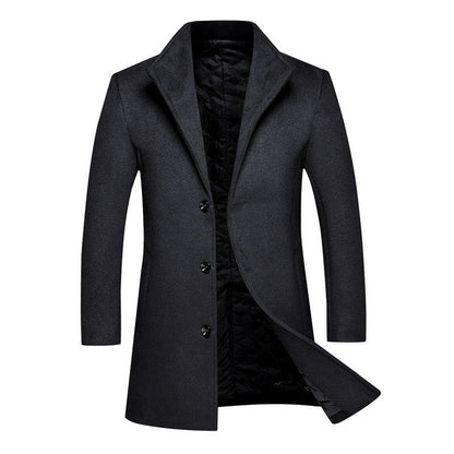 Mid-length Single-breasted Stand-up Collar Woolen Cloth
