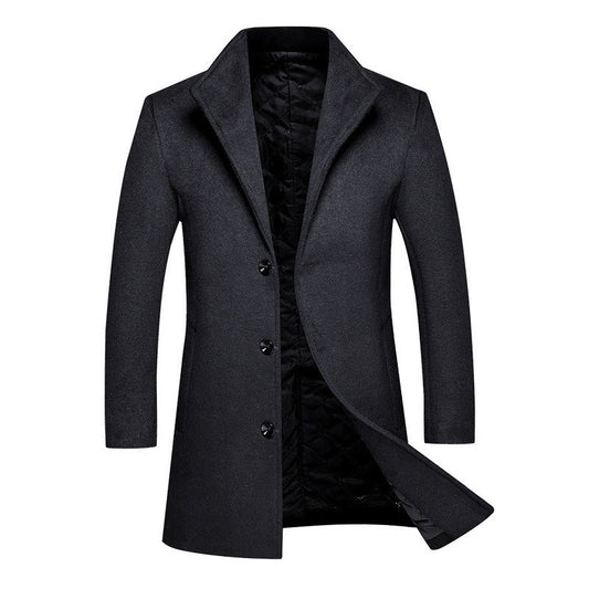 Mid-length Single-breasted Stand-up Collar Woolen Cloth