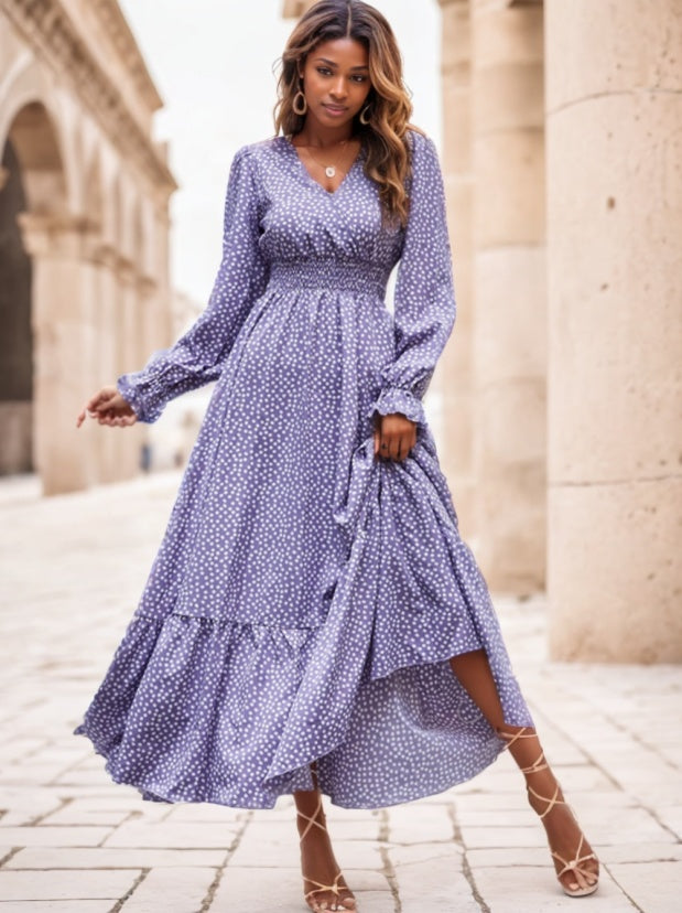 Floral Print Flounce Sleeve Shirred Dress Maxi Women Outfit