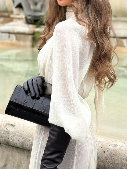 White Long-sleeved Ruffled Tie Dress