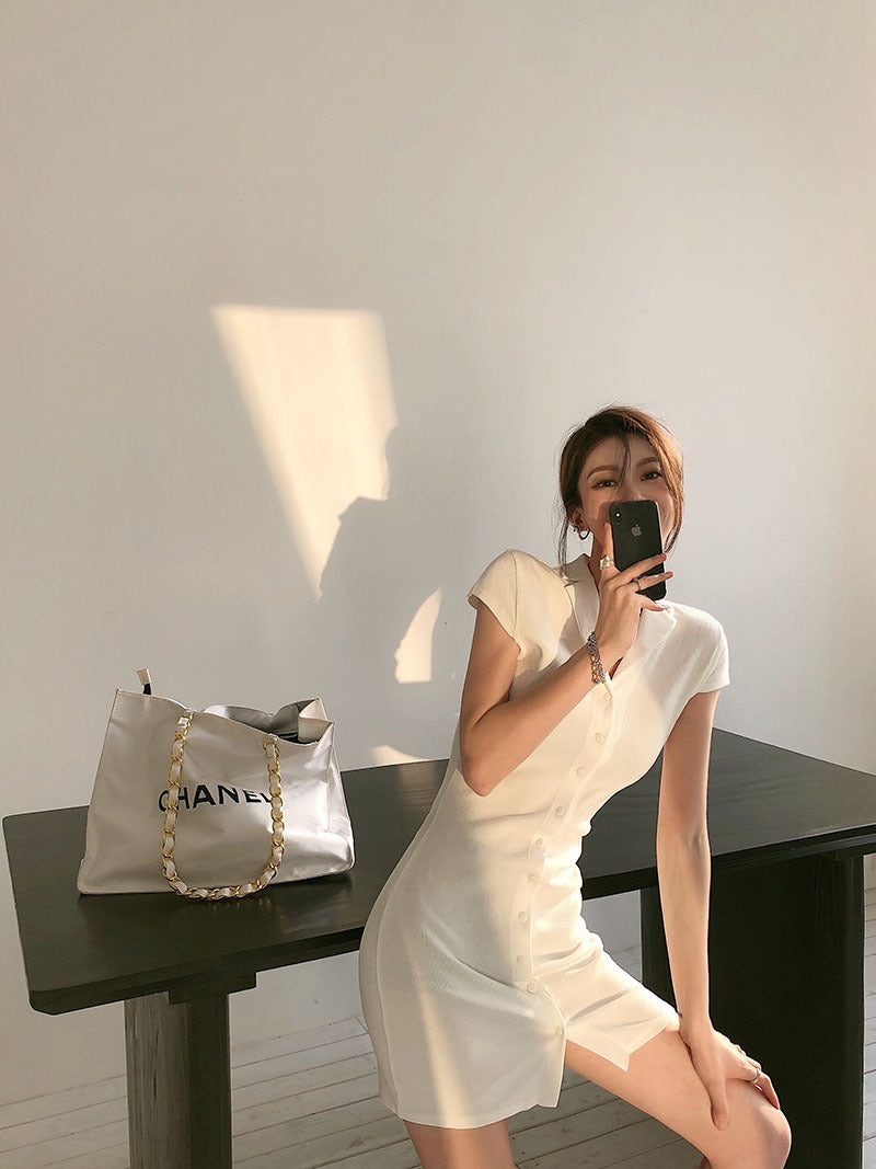 Polo Collar Knitted Dress Bag Hip Skirt