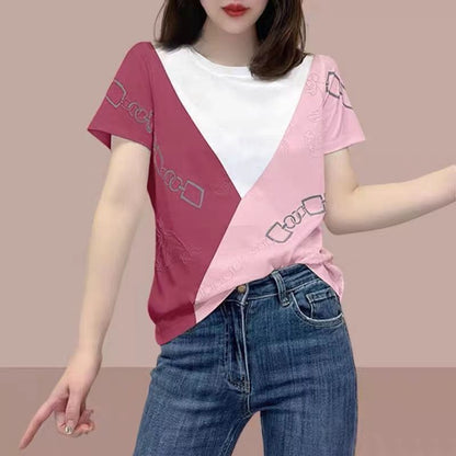 Color Matching Polo Collar Printed Rhinestones Short Sleeve Women's Top