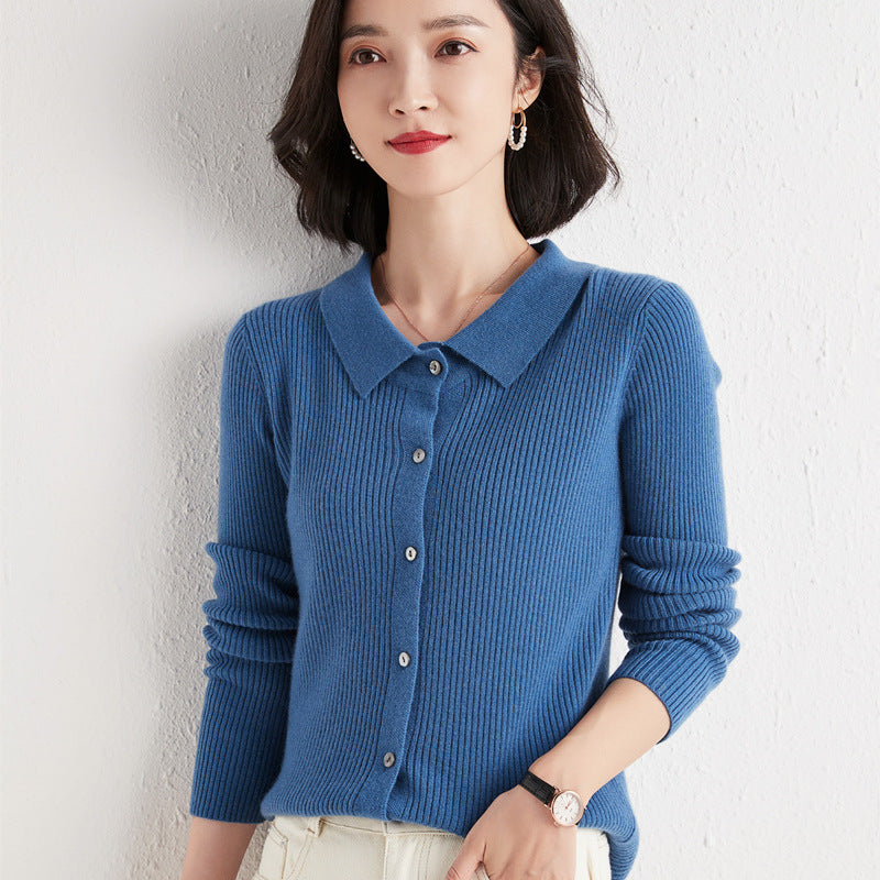 Polo Collar Slim Fit Slimming Long Sleeves Top Breasted Cardigan