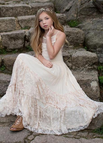 Summer Girls Lace Cotton Bohemia Long Dresses Baby Kids Flow