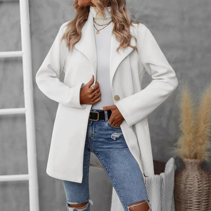 Polo Collar Cardigan Woolen Coat For Women