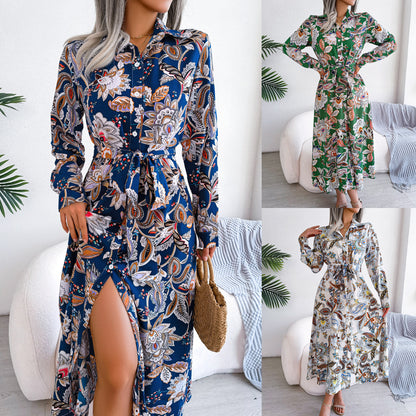 Women's Floral Print Long Sleeve Button-Down Maxi Shirt Dress