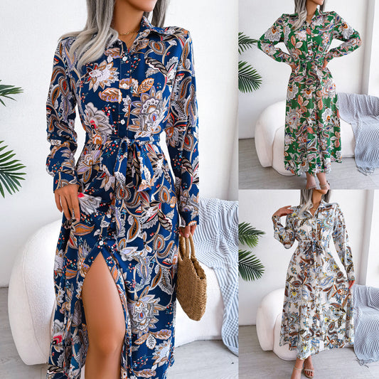 Women's Floral Print Long Sleeve Button-Down Maxi Shirt Dress