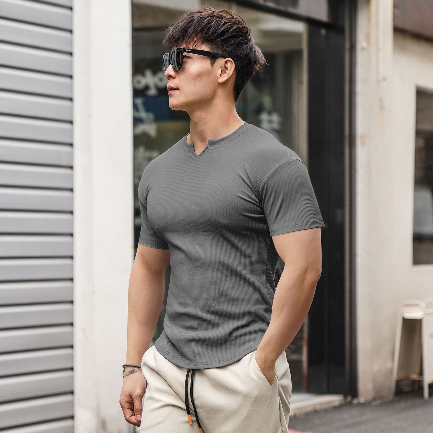 Workout Casual Small Collar Short Sleeve Thread Cloth Personality Training