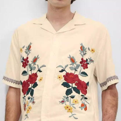Summer Casual Loose Short Sleeves Vintage Print Lapel Men's Shirt