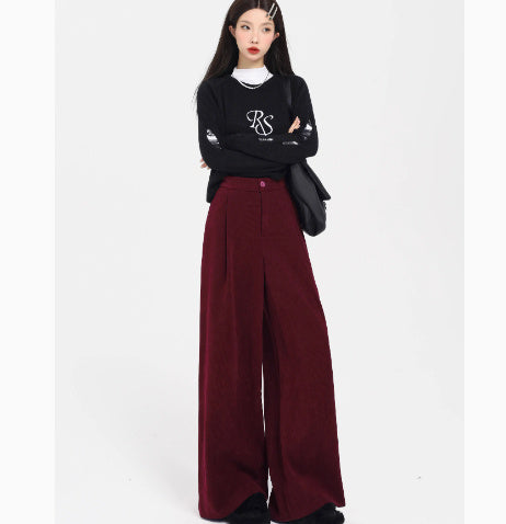 Thick Red Corduroy Wide Leg Pants For Women
