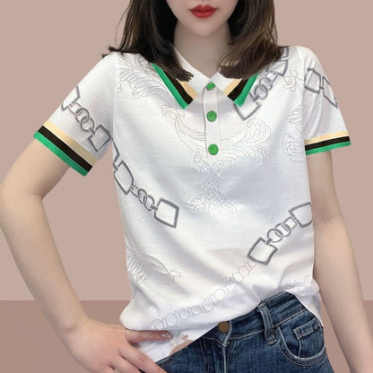 Color Matching Polo Collar Printed Rhinestones Short Sleeve Women's Top