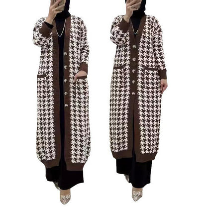 Women's Middle East Muslim Houndstooth Woolen Cardigan Jacket