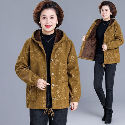 Fleece Lined Coat Hooded Short Middle-aged And Elderly Women's Wadded Jacket