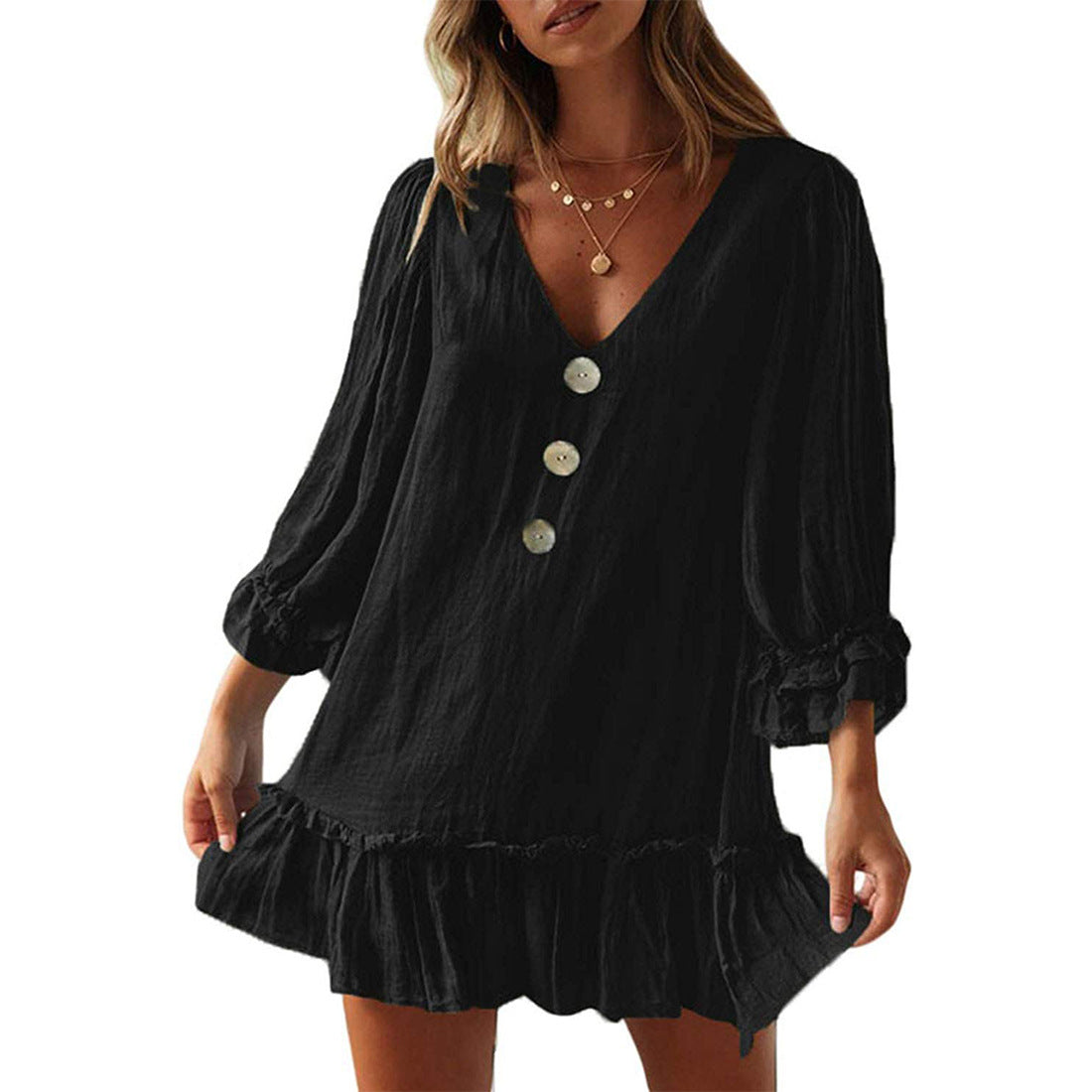 Women's Fashion Loose-fitting Long Sleeves Ruffled Hem Cotton Linen Dress