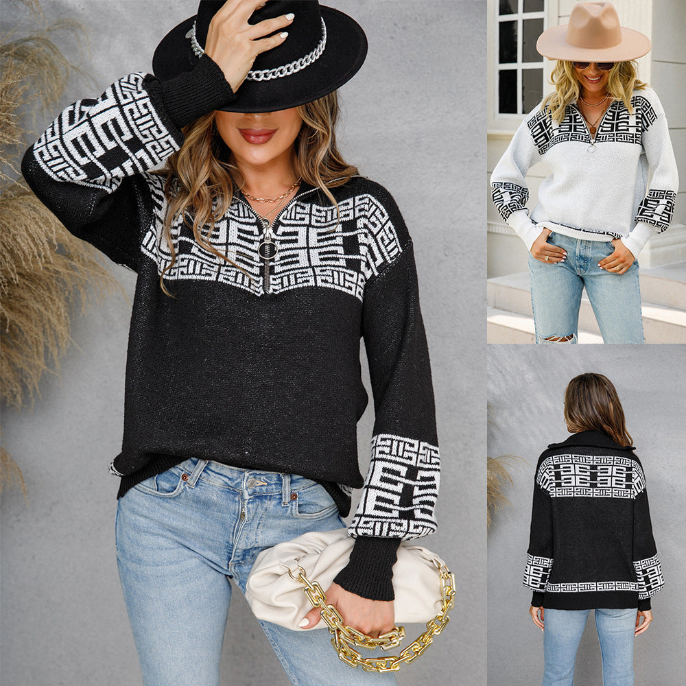 Zipper Knit Base Coat Lapel Sweater Coat Women