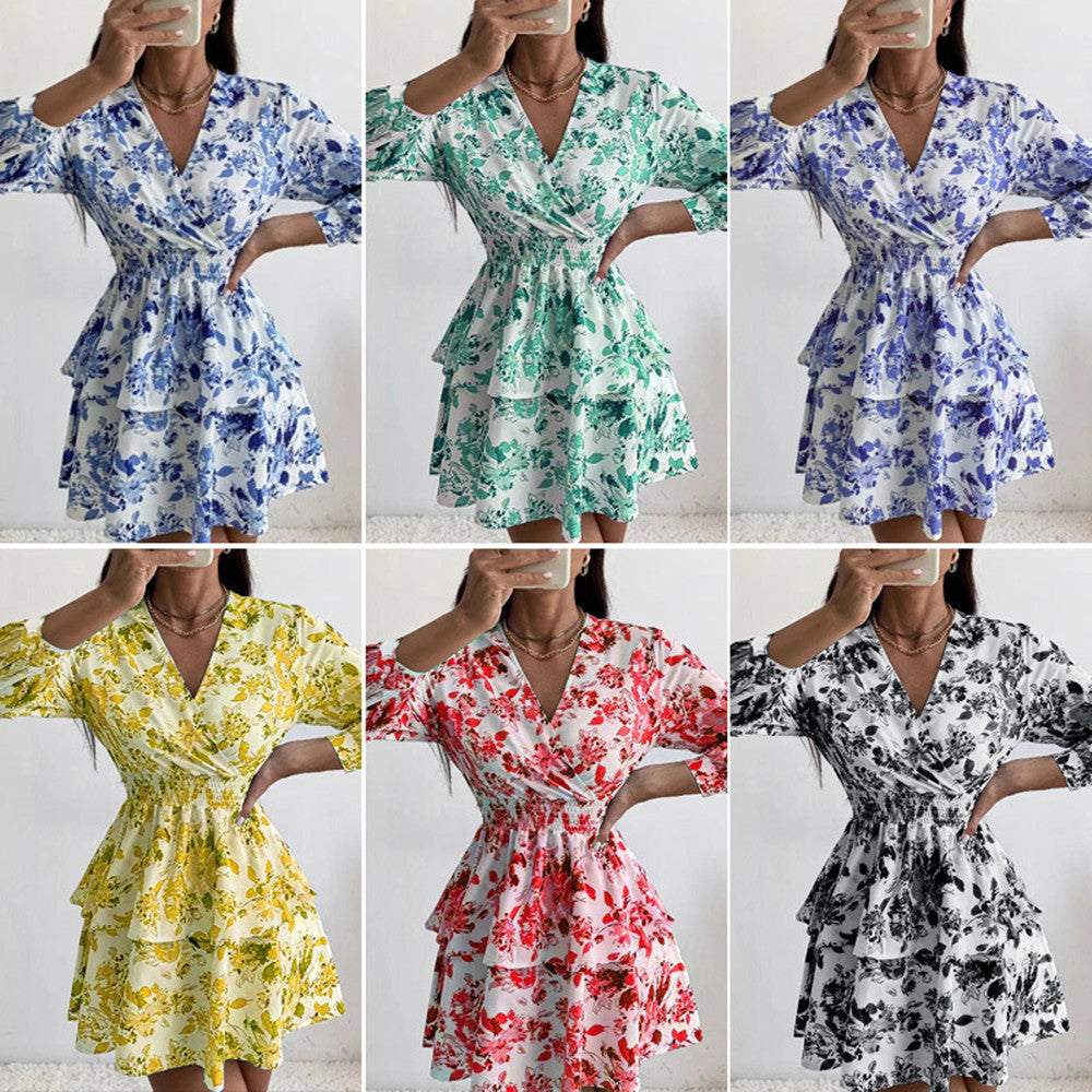 Temperament Slim Fit Printed Dress Fashion V-Neck Pleated Long Sleeves