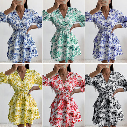 Temperament Slim Fit Printed Dress Fashion V-Neck Pleated Long Sleeves