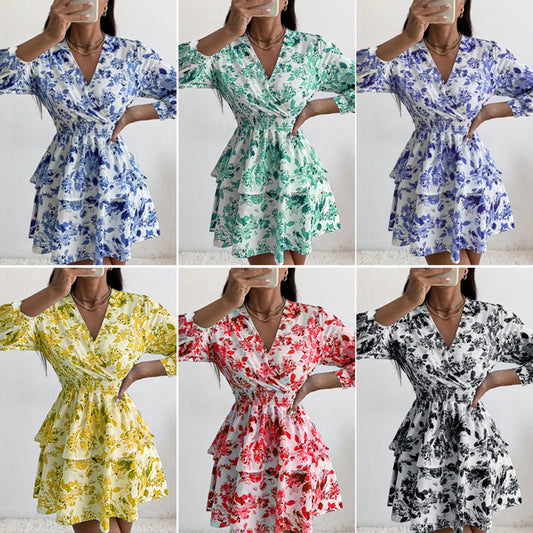 Temperament Slim Fit Printed Dress Fashion V-Neck Pleated Long Sleeves