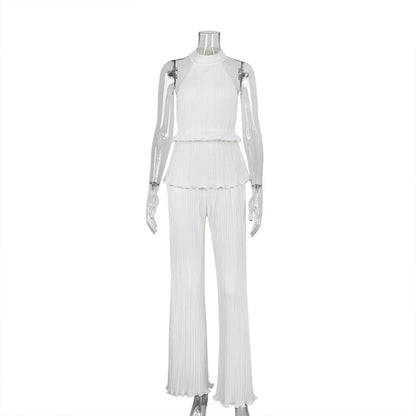 Pleated High Waist Wide Leg Pants Suit Women