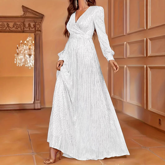 Elegant Dinner Sequined Long Sleeve V-neck High Waist Evening Dress