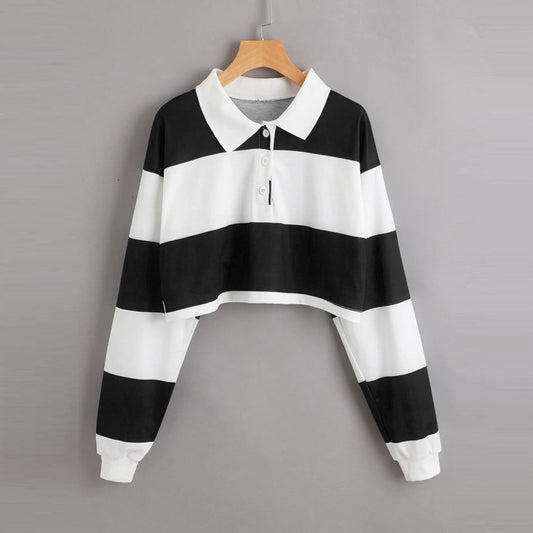 Women's Fashionable Simple Striped Polo Collar Sweater
