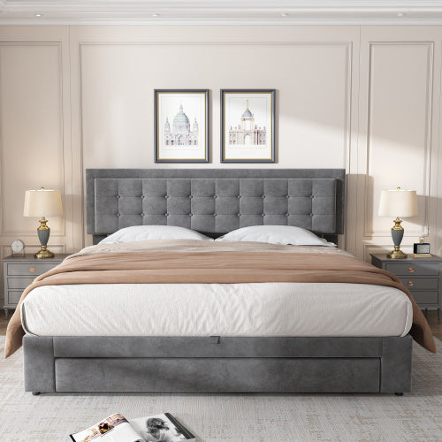 Upholstered Bed,Super King Size Bed-6ft180x200cm, Velvet Fabric, Double Bed, Large Storage Space,With Slats And Headboard,Without Mattress,Grey