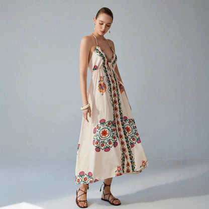 Vacation Spaghetti Straps Colorful Flower Print Maxi Dress