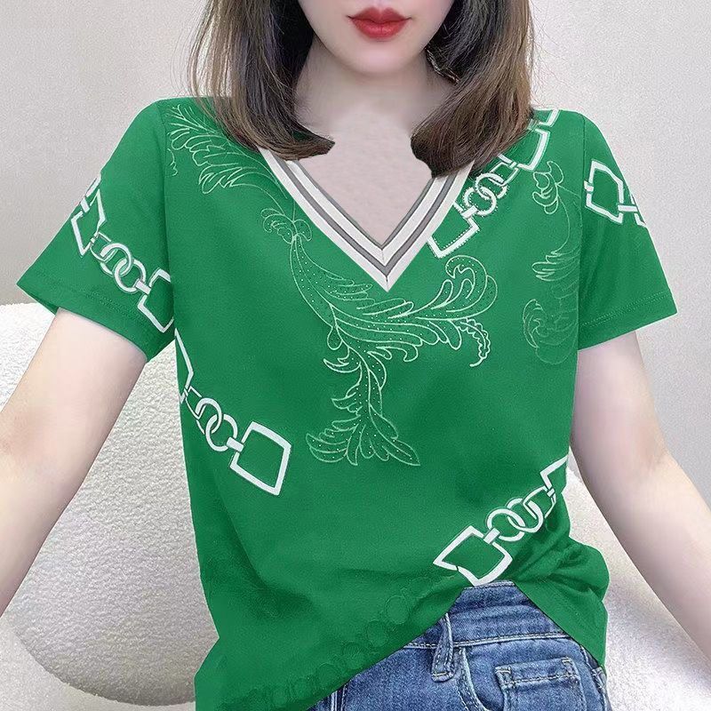 Color Matching Polo Collar Printed Rhinestones Short Sleeve Women's Top