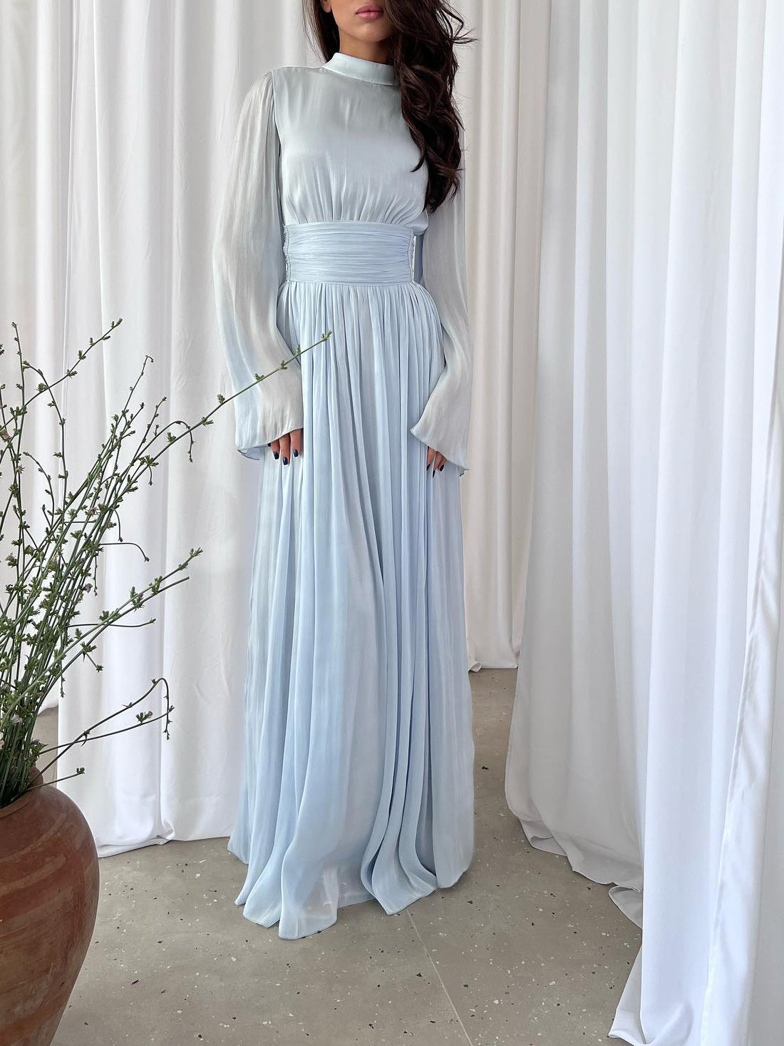 Solid Color Long Sleeve Silk Organ Maxi Dress