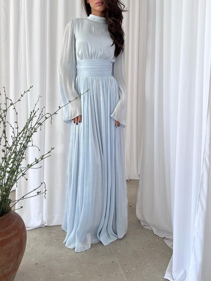 Solid Color Long Sleeve Silk Organ Maxi Dress