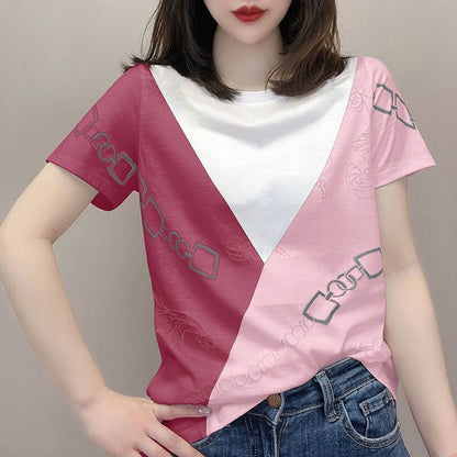 Color Matching Polo Collar Printed Rhinestones Short Sleeve Women's Top