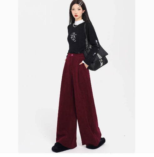Thick Red Corduroy Wide Leg Pants For Women