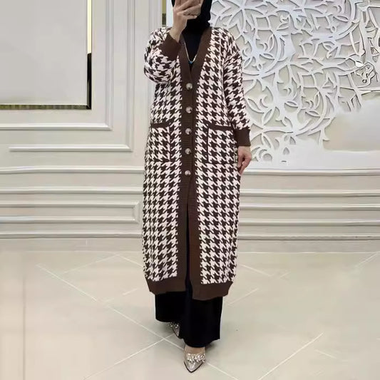 Women's Middle East Muslim Houndstooth Woolen Cardigan Jacket