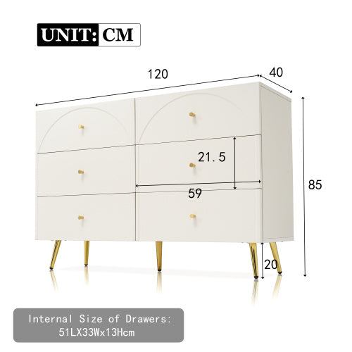 Sideboard Cabinet For Living Room, Chest Of Drawers With 6 Drawers, Cream White, 40D X 120W X 85H CM