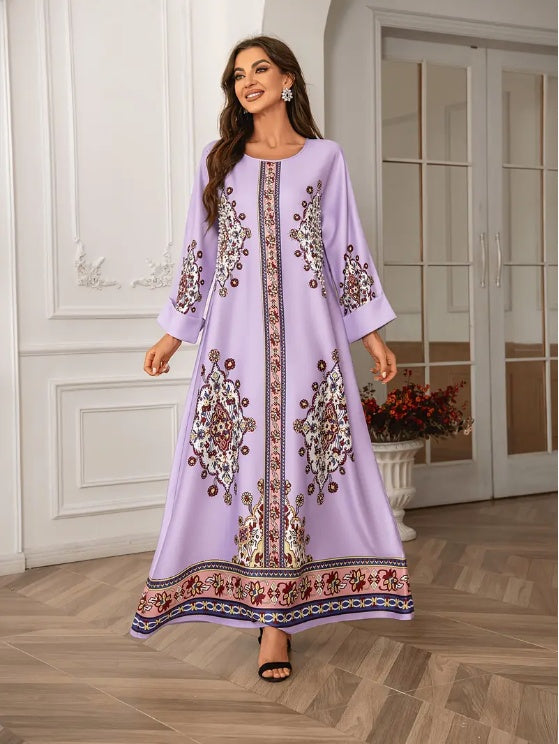 Elegant Floral Print Long Sleeve Abaya Dress