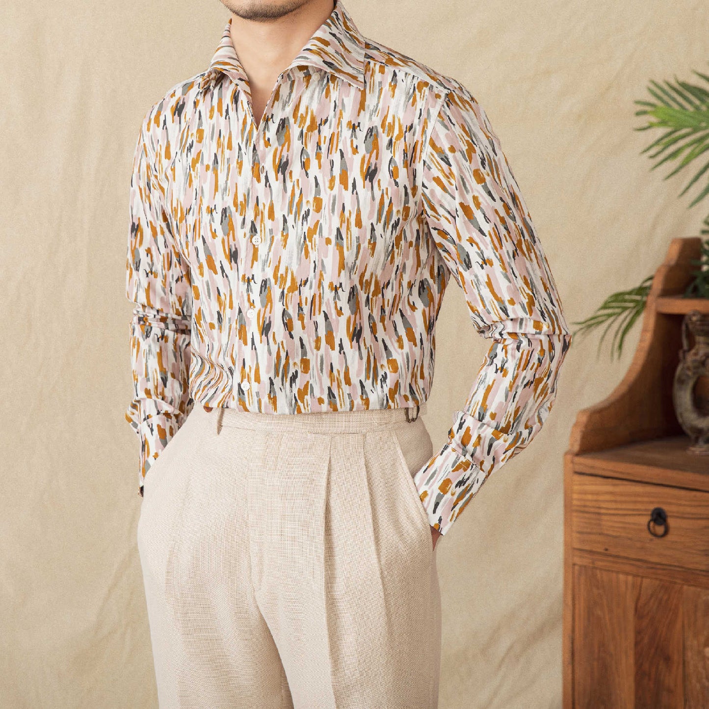 Men's Floral Long-sleeved Cardigan Cotton Shirt