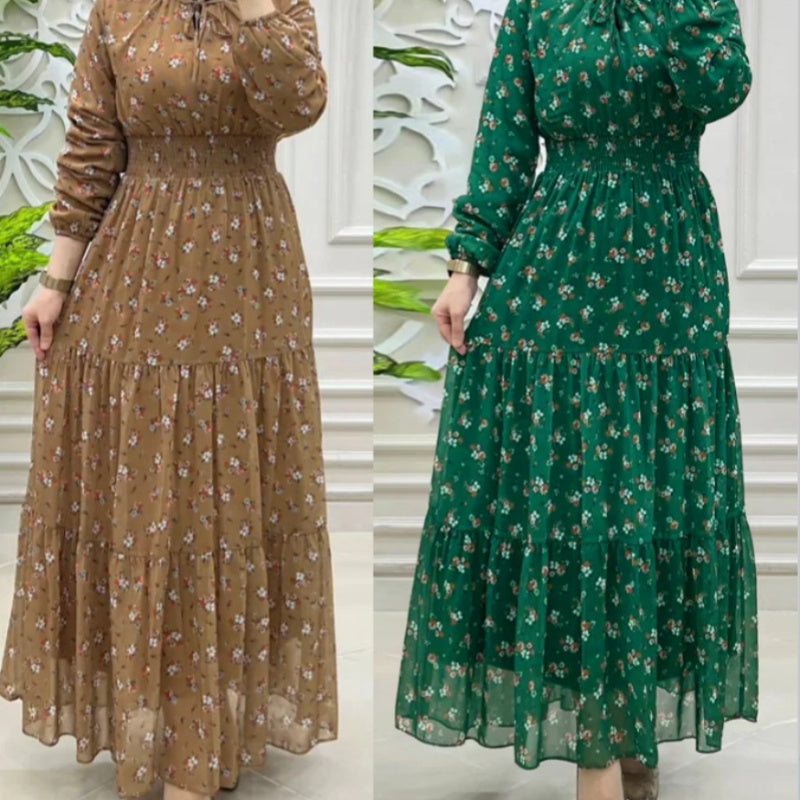 Women's Middle East Muslim Chiffon Flower Smocking Long Fashion Elegant Dress